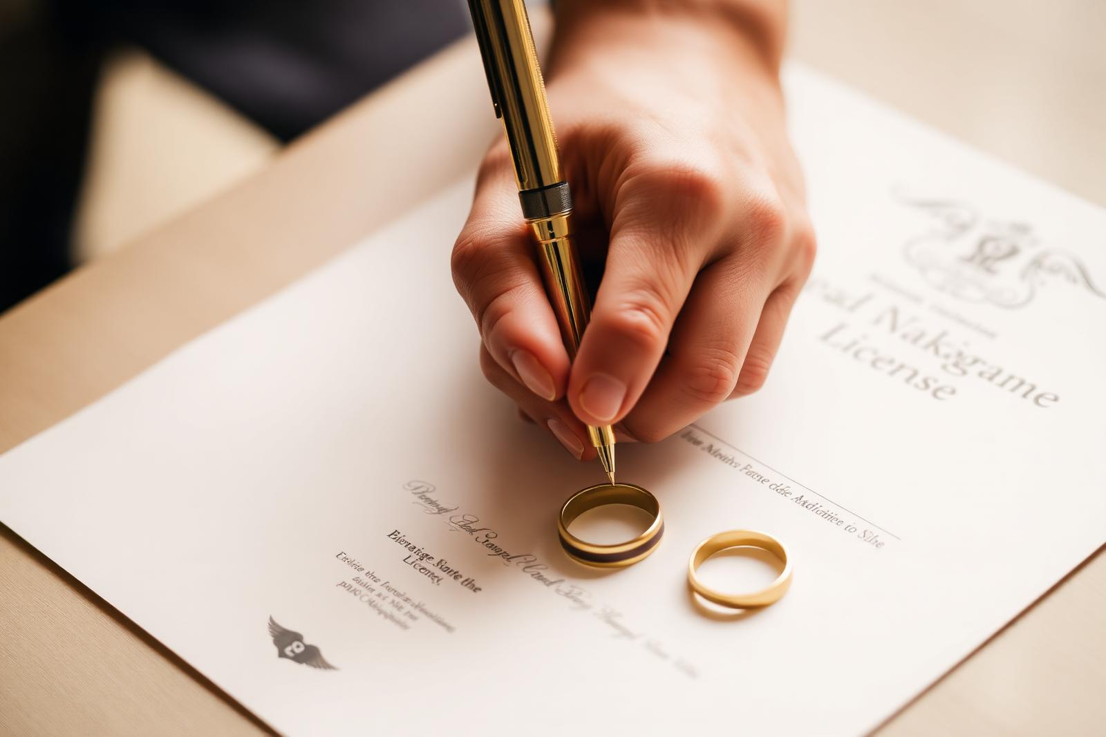 A couple signing their marriage license with gold rings